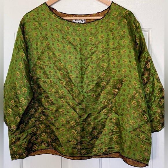 Jackie Loves John Silk Dragon Brocade Top Green GoldWomen’s LWashable 🐉